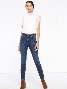 Sandro Paris Button Hem Skinny Jeans Medium Wash Blue Denim (Est Size 26 / US 2)